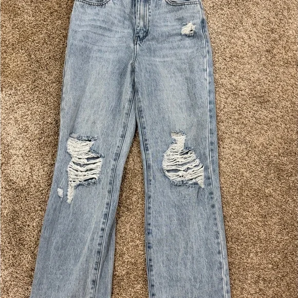 Vibrant Light Blue Distressed Wide-Leg Jeans - Picture 2 of 4